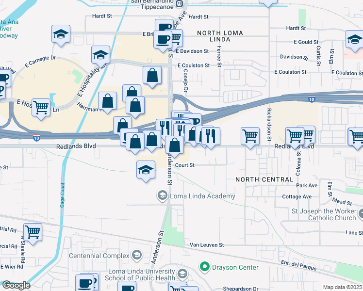 map of restaurants, bars, coffee shops, grocery stores, and more near 24990 Redlands Boulevard in San Bernardino