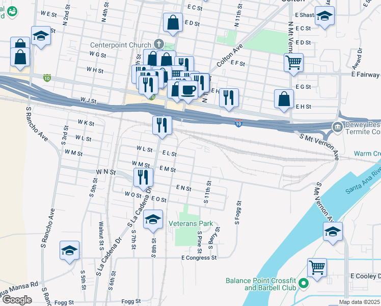 map of restaurants, bars, coffee shops, grocery stores, and more near 150 South 10th Street in Colton