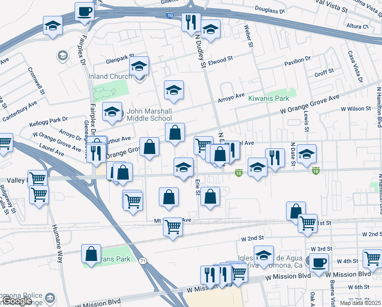 map of restaurants, bars, coffee shops, grocery stores, and more near 1628 West Orange Grove Avenue in Pomona
