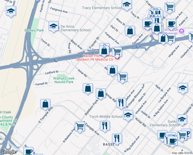 map of restaurants, bars, coffee shops, grocery stores, and more near 13157 Judith Street in Baldwin Park
