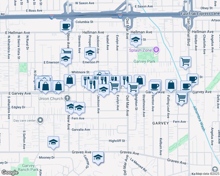 map of restaurants, bars, coffee shops, grocery stores, and more near 7621 Garvey Avenue in Rosemead