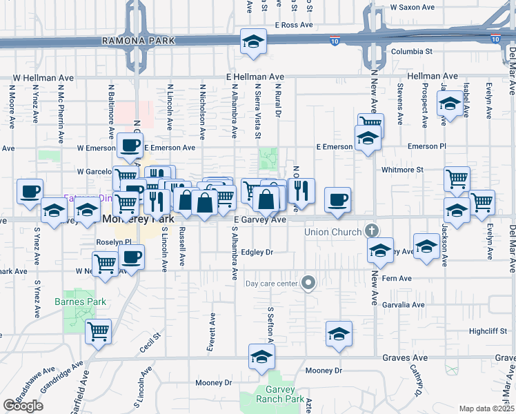 map of restaurants, bars, coffee shops, grocery stores, and more near 121 North Sierra Vista Street in Monterey Park