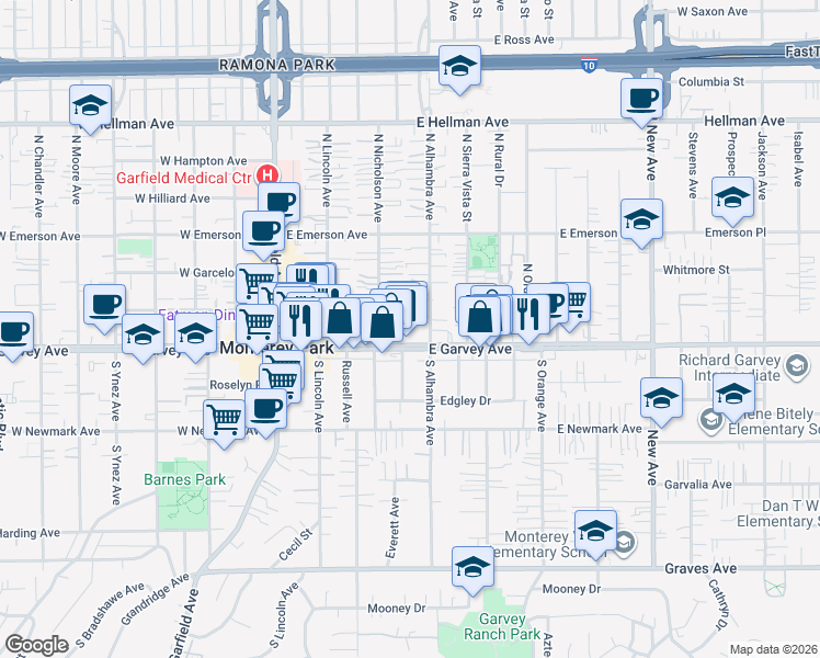 map of restaurants, bars, coffee shops, grocery stores, and more near 125 North Alhambra Avenue in Monterey Park