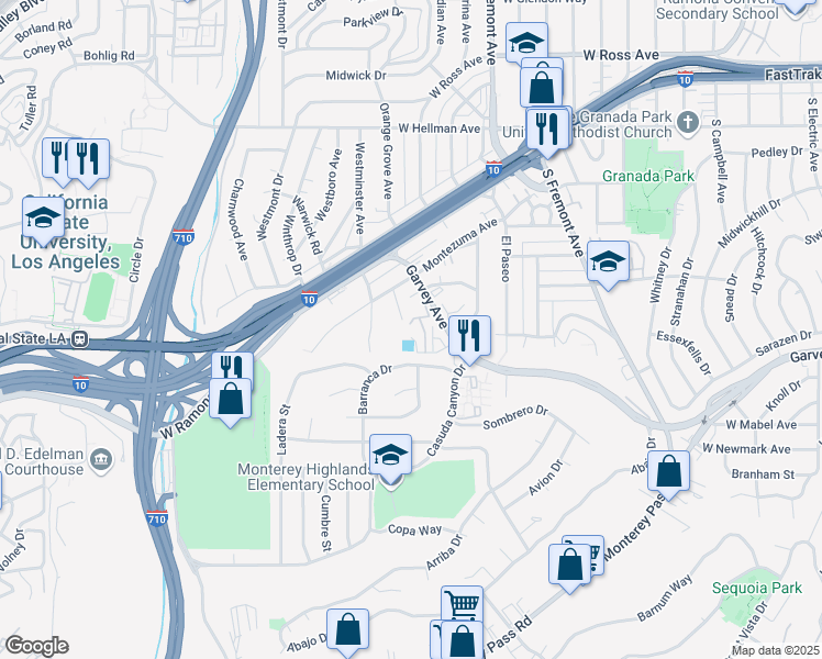 map of restaurants, bars, coffee shops, grocery stores, and more near 2624 Orange Grove Avenue in Alhambra