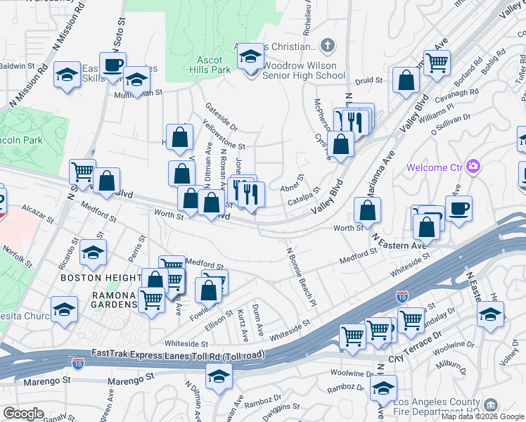 map of restaurants, bars, coffee shops, grocery stores, and more near 4563 Catalpa Street in Los Angeles