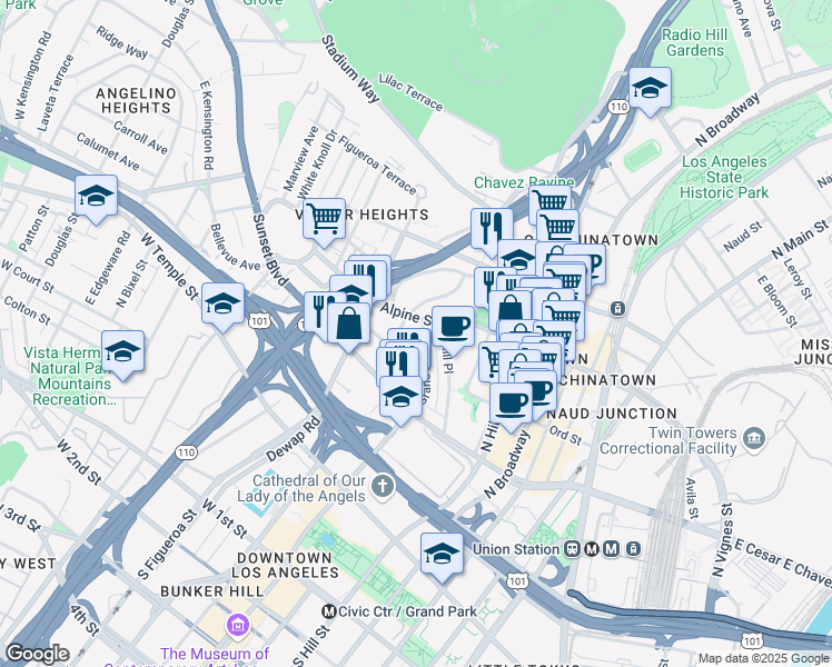 map of restaurants, bars, coffee shops, grocery stores, and more near 724 Alpine Street in Los Angeles