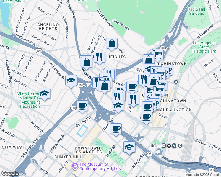 map of restaurants, bars, coffee shops, grocery stores, and more near 820 Alpine Street in Los Angeles