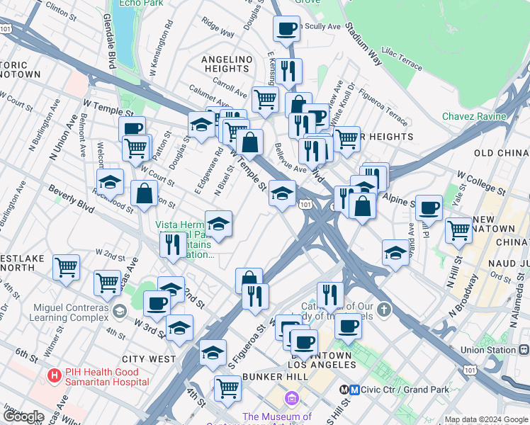 map of restaurants, bars, coffee shops, grocery stores, and more near 1131 West Angelina Street in Los Angeles