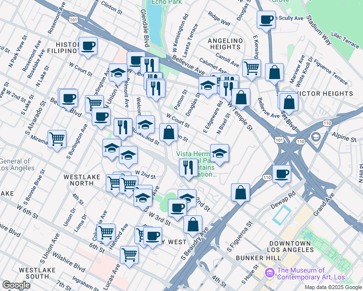 map of restaurants, bars, coffee shops, grocery stores, and more near 170 Douglas Street in Los Angeles