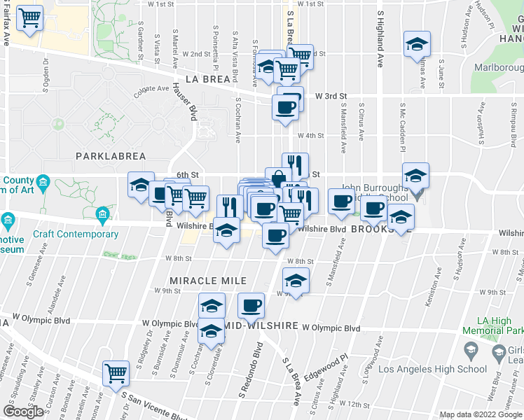 map of restaurants, bars, coffee shops, grocery stores, and more near 649 South Detroit Street in Los Angeles
