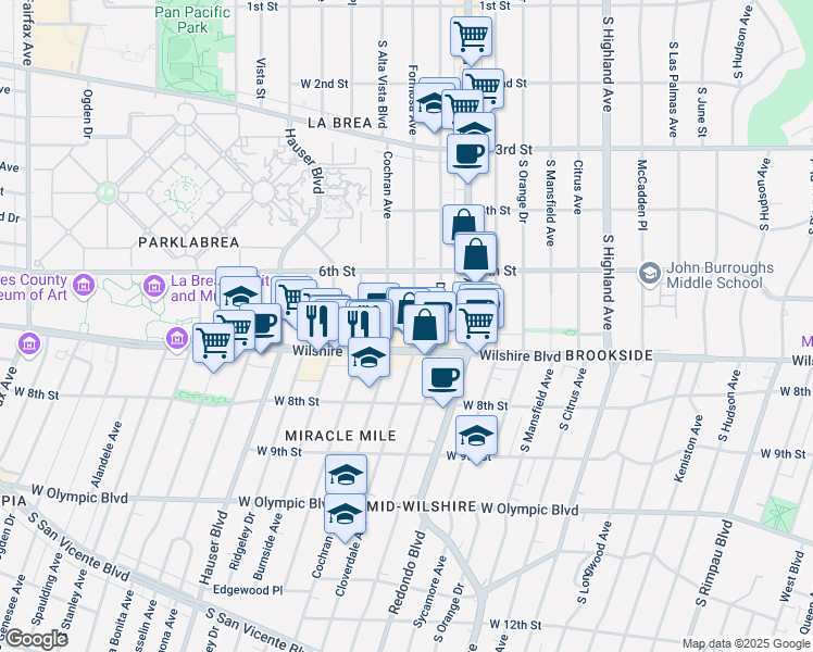 map of restaurants, bars, coffee shops, grocery stores, and more near 650 South Cochran Avenue in Los Angeles