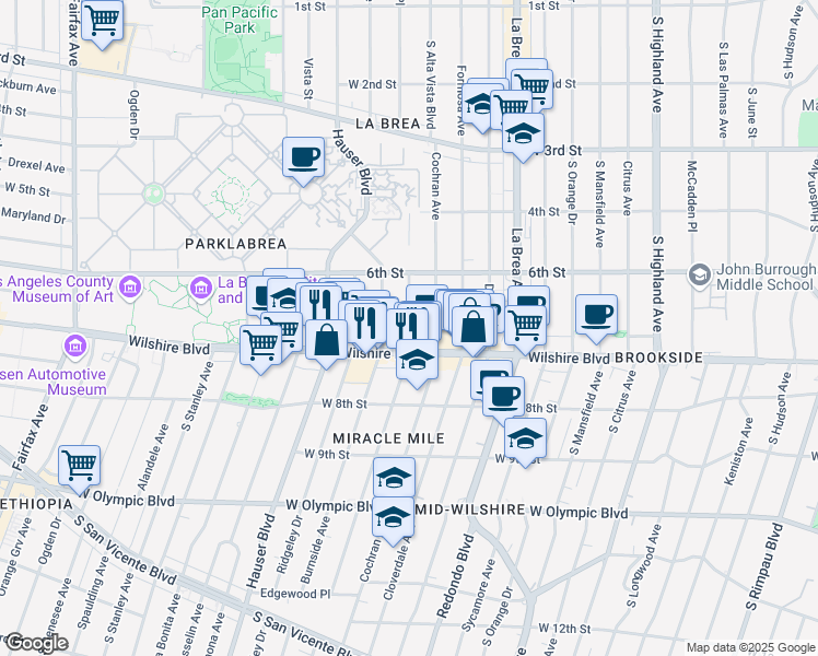 map of restaurants, bars, coffee shops, grocery stores, and more near 645 South Dunsmuir Avenue in Los Angeles