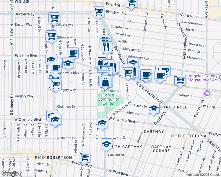map of restaurants, bars, coffee shops, grocery stores, and more near 219 South Hamilton Drive in Beverly Hills