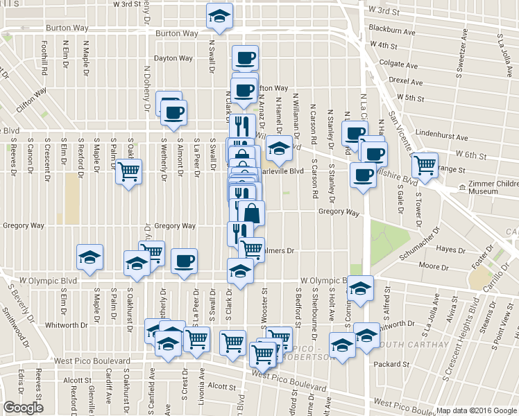 map of restaurants, bars, coffee shops, grocery stores, and more near 221 South Arnaz Drive in Beverly Hills