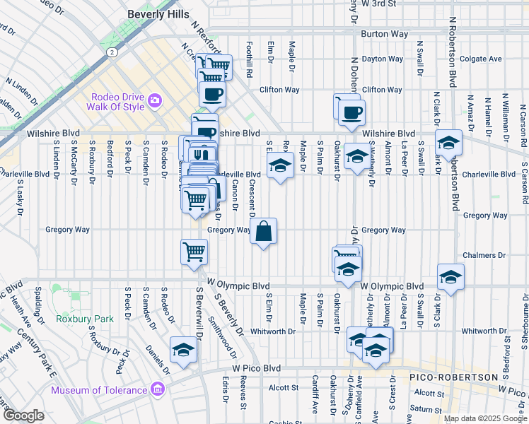 map of restaurants, bars, coffee shops, grocery stores, and more near 243 South Elm Drive in Beverly Hills