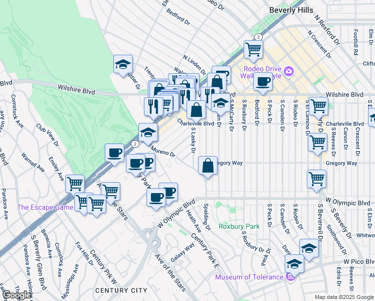 map of restaurants, bars, coffee shops, grocery stores, and more near 241 South Lasky Drive in Beverly Hills