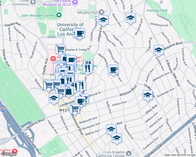 map of restaurants, bars, coffee shops, grocery stores, and more near 911 Malcolm Avenue in Los Angeles