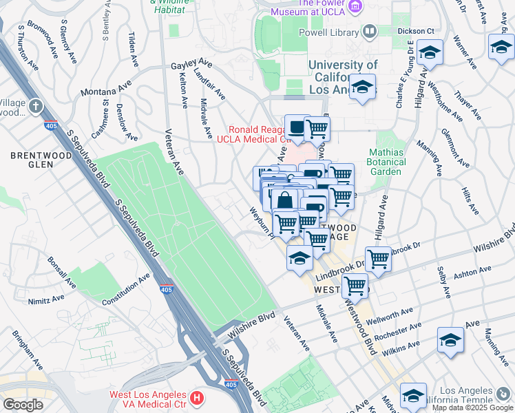 map of restaurants, bars, coffee shops, grocery stores, and more near 885 Levering Avenue in Los Angeles