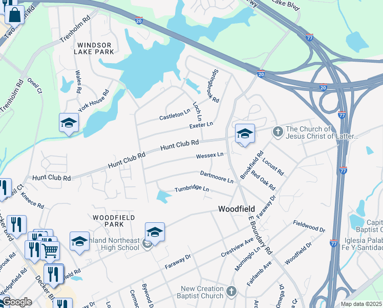 map of restaurants, bars, coffee shops, grocery stores, and more near 7842 Hunt Club Road in Columbia