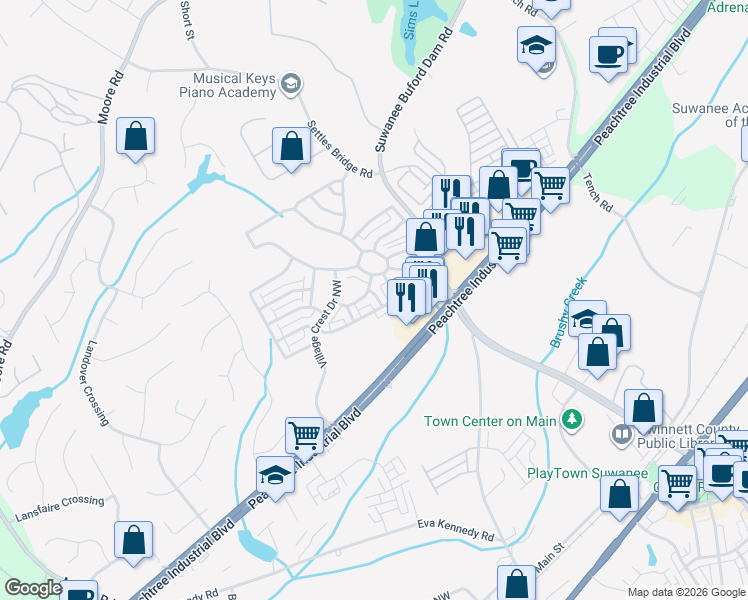 map of restaurants, bars, coffee shops, grocery stores, and more near 4409 Village Field Place in Suwanee