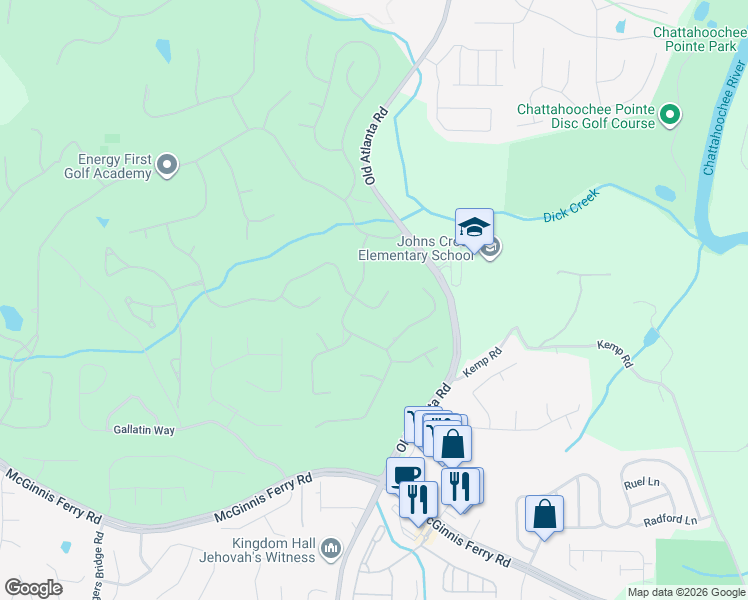 map of restaurants, bars, coffee shops, grocery stores, and more near 8545 Royal Troon Drive in Duluth