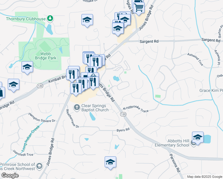 map of restaurants, bars, coffee shops, grocery stores, and more near 1315 Addison Lane in Johns Creek