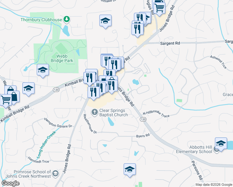 map of restaurants, bars, coffee shops, grocery stores, and more near 5075 Abbotts Bridge Road in Alpharetta