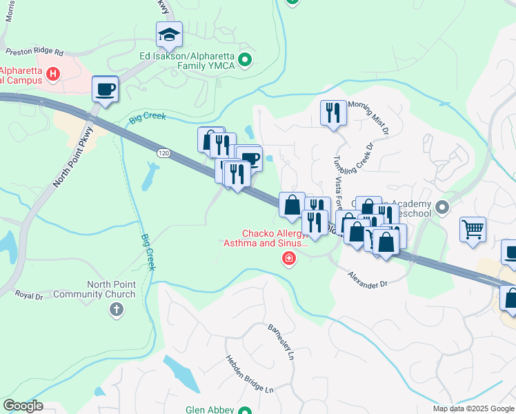 map of restaurants, bars, coffee shops, grocery stores, and more near 3665-3767 Old Milton Pkwy in Alpharetta