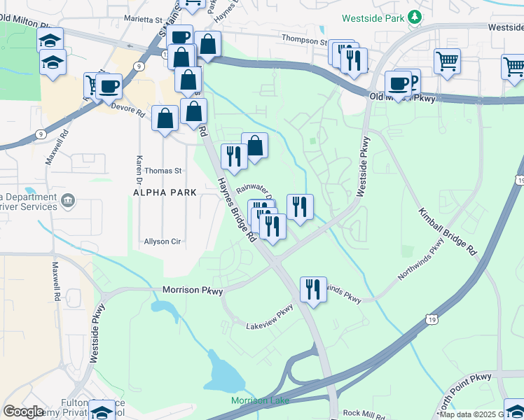 map of restaurants, bars, coffee shops, grocery stores, and more near 11605 Haynes Bridge Road in Alpharetta
