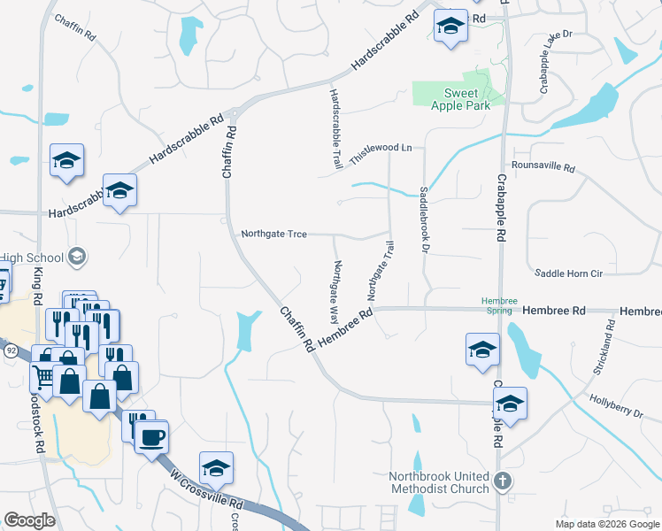 map of restaurants, bars, coffee shops, grocery stores, and more near 11610 Northgate Way in Roswell