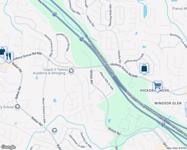 map of restaurants, bars, coffee shops, grocery stores, and more near 4573 Rainier Way Northwest in Acworth