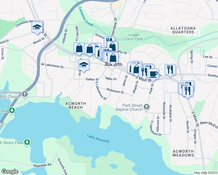 map of restaurants, bars, coffee shops, grocery stores, and more near 4386 Robinson Street in Acworth