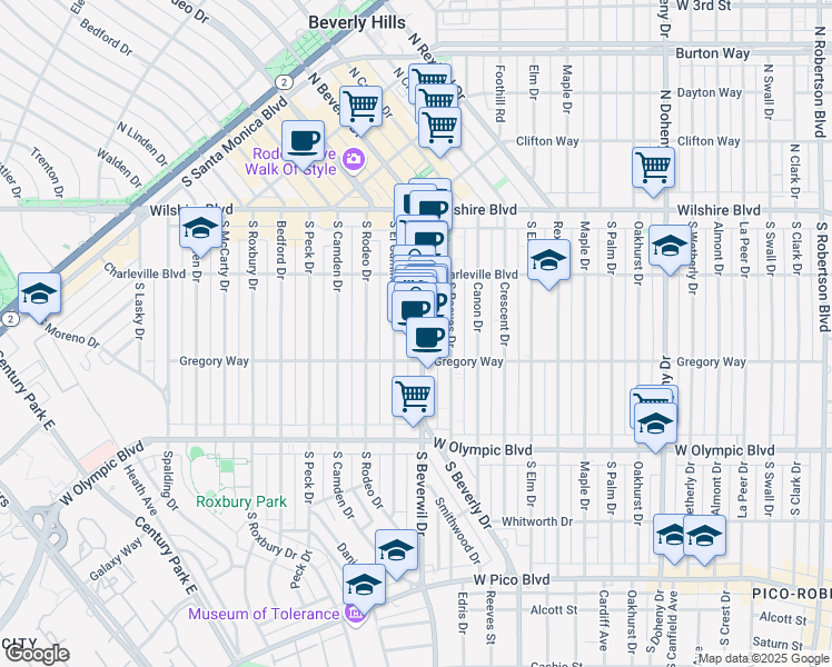 map of restaurants, bars, coffee shops, grocery stores, and more near 2 South Beverly Drive in Beverly Hills
