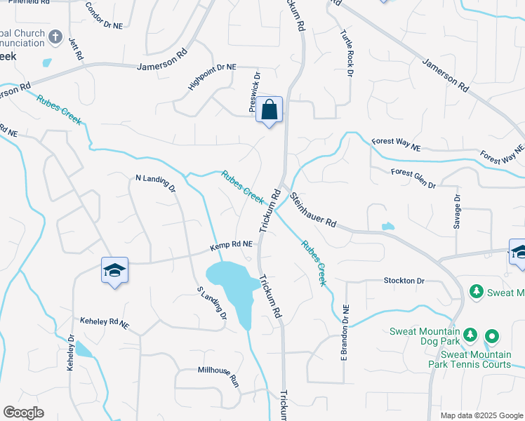 map of restaurants, bars, coffee shops, grocery stores, and more near 4601 Trickum Road in Marietta