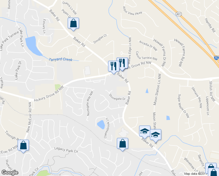 map of restaurants, bars, coffee shops, grocery stores, and more near 4517 Stonegate Court in Acworth