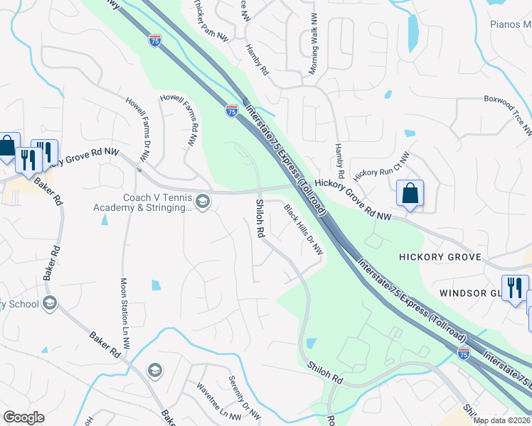 map of restaurants, bars, coffee shops, grocery stores, and more near 4573 Rainier Way Northwest in Acworth