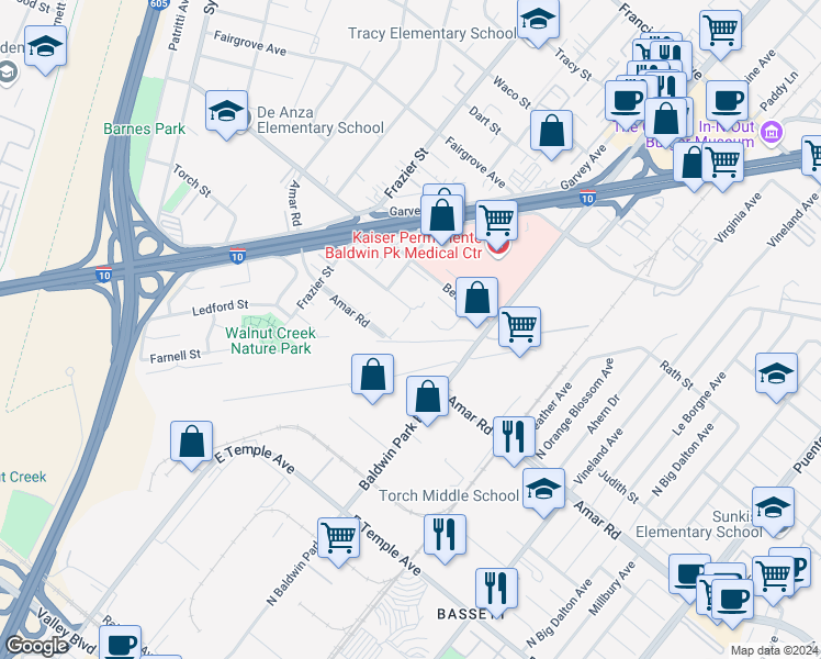 map of restaurants, bars, coffee shops, grocery stores, and more near 13115 Amar Road in Baldwin Park