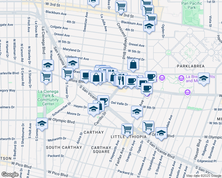 map of restaurants, bars, coffee shops, grocery stores, and more near 6300 Wilshire Boulevard in Los Angeles