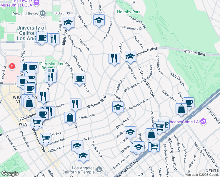 map of restaurants, bars, coffee shops, grocery stores, and more near 10530 Wilshire Boulevard in Los Angeles