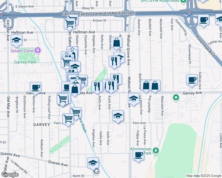 map of restaurants, bars, coffee shops, grocery stores, and more near 8449 Garvey Avenue in Rosemead