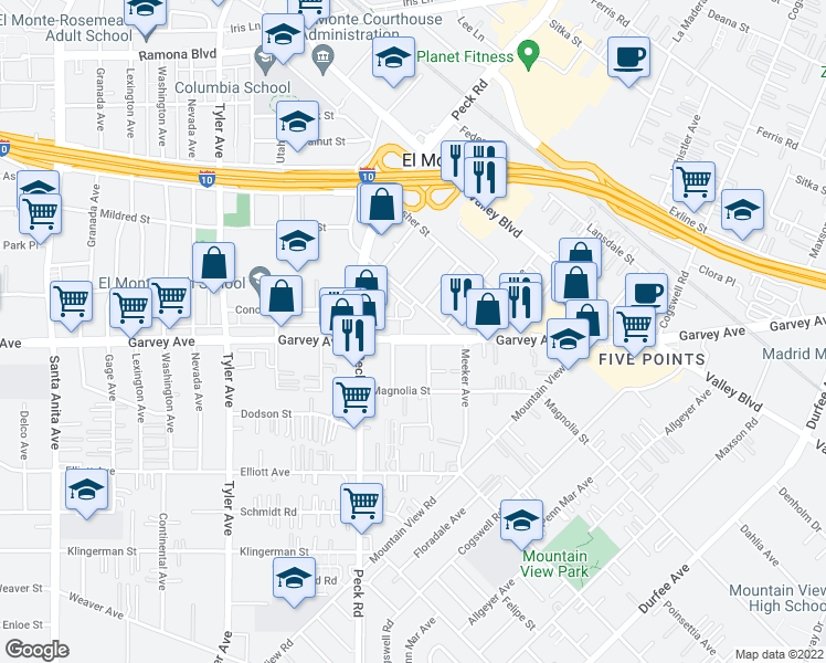 map of restaurants, bars, coffee shops, grocery stores, and more near 11405 Garvey Avenue in El Monte