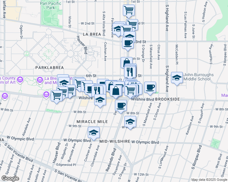 map of restaurants, bars, coffee shops, grocery stores, and more near 649 South Detroit Street in Los Angeles