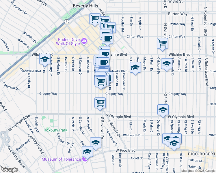map of restaurants, bars, coffee shops, grocery stores, and more near 255 South Reeves Drive in Beverly Hills