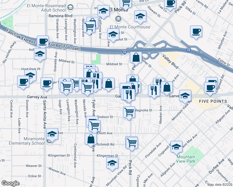 map of restaurants, bars, coffee shops, grocery stores, and more near 11139 Garvey Avenue in El Monte