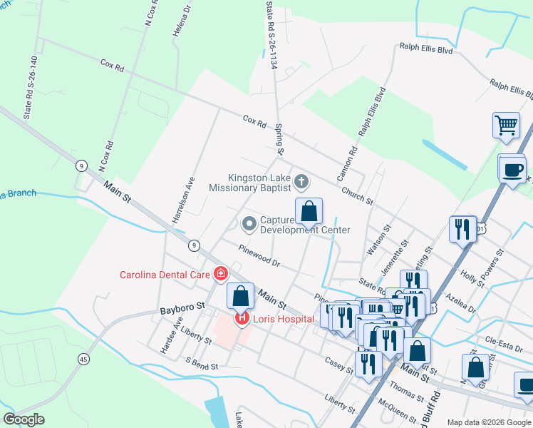 map of restaurants, bars, coffee shops, grocery stores, and more near 3037 Chestnut Street in Loris