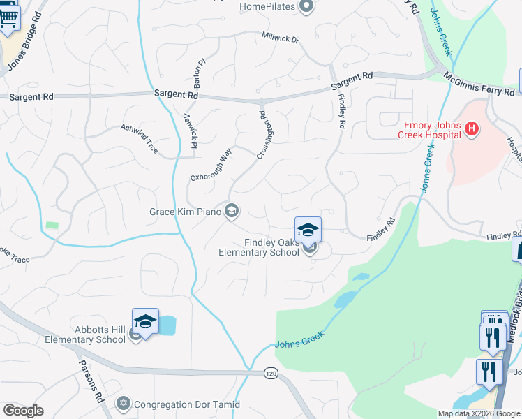 map of restaurants, bars, coffee shops, grocery stores, and more near 11690 Bentham Court in Alpharetta