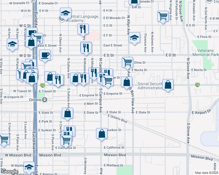 map of restaurants, bars, coffee shops, grocery stores, and more near 727 East Holt Boulevard in Ontario