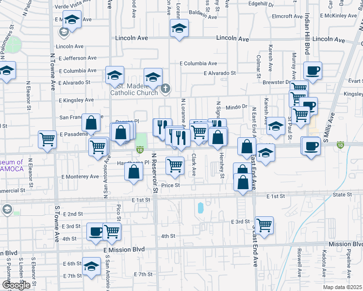 map of restaurants, bars, coffee shops, grocery stores, and more near 625 Loranne Avenue in Pomona