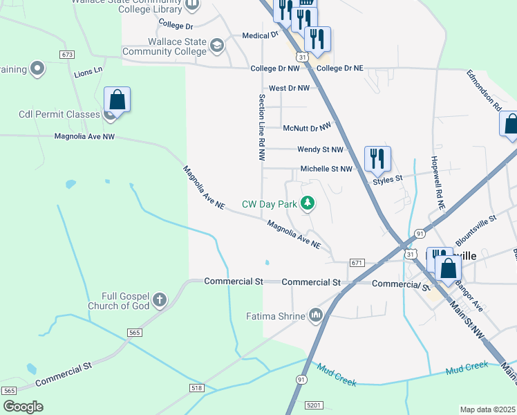 map of restaurants, bars, coffee shops, grocery stores, and more near 401 Section Line Road Northwest in Hanceville