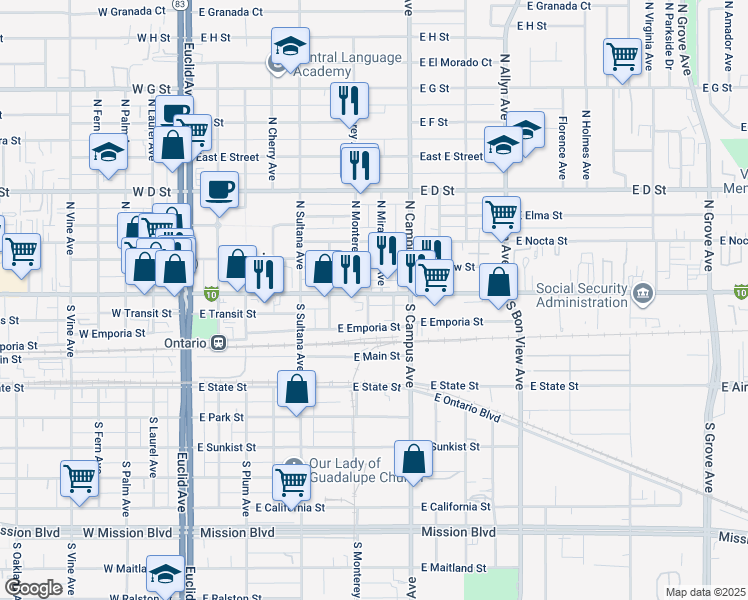 map of restaurants, bars, coffee shops, grocery stores, and more near 624 Holt Boulevard in Ontario